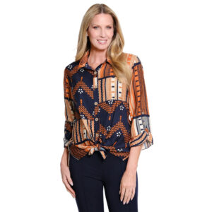 0018 multiplesmulti3button34flouncesleevebuttonfronttiewaistwovenshirtplus