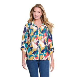 multiplescirclemulticinchedtabcuffed34sleevebuttonfrontwovenshirtplus
