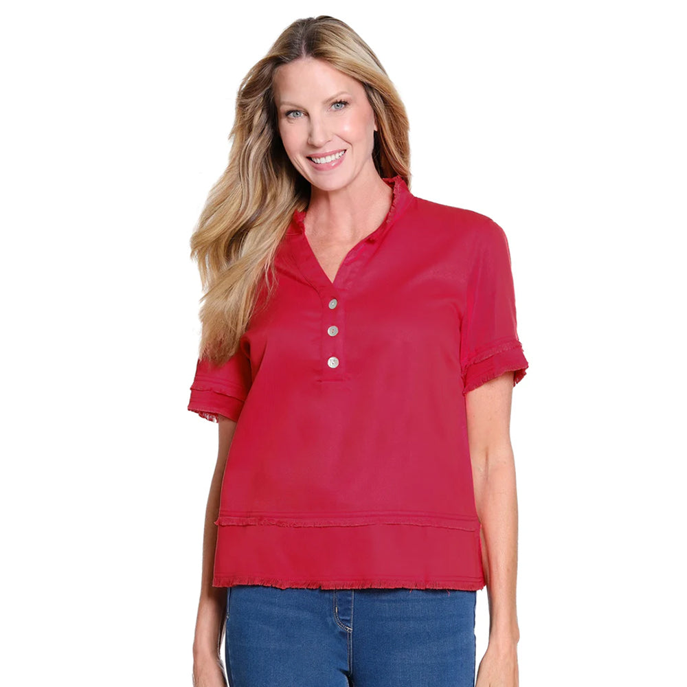 multiplesfieryreddoublefringehemshortsleevebuttonfronttop multiplesfieryreddoublefringehemshortsleevebuttonfronttop