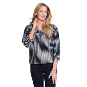 multiplesmidnight34sleevepuffsleevedropshoulder34placketfrontbandcollarknittop