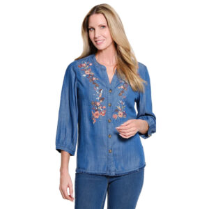 multiplesmulti34sleevebandcollarbuttonfrontwovenshirtwithembroidery fringehem2