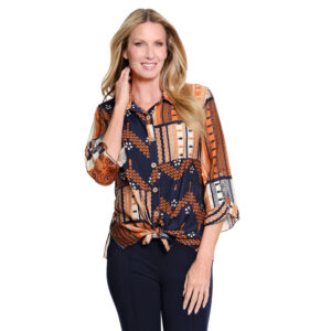 multiplesmulti3button34flouncesleevebuttonfronttiewaistwovenshirt
