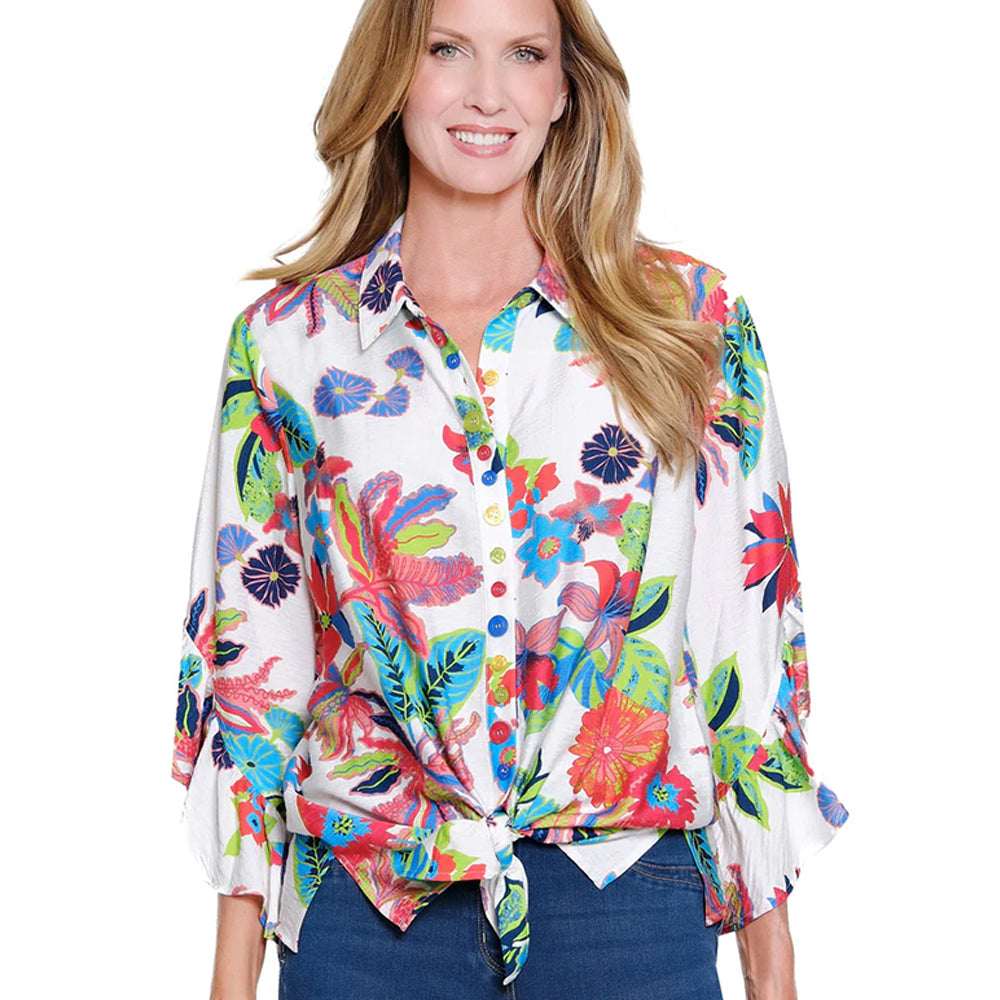 multiplesmultiflounceelbowsleevebuttontiewaistshirt multiplesmultiflounceelbowsleevebuttontiewaistshirt