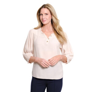 multiplesnatural34sleevefauxbuttonfrontruffleneckwoventop