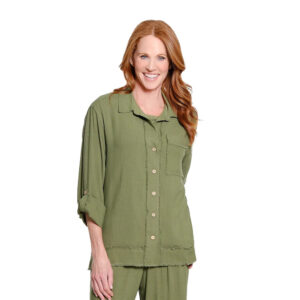 multiplesoliverolltabcuffedlongsleevefringetrimwovenshirt