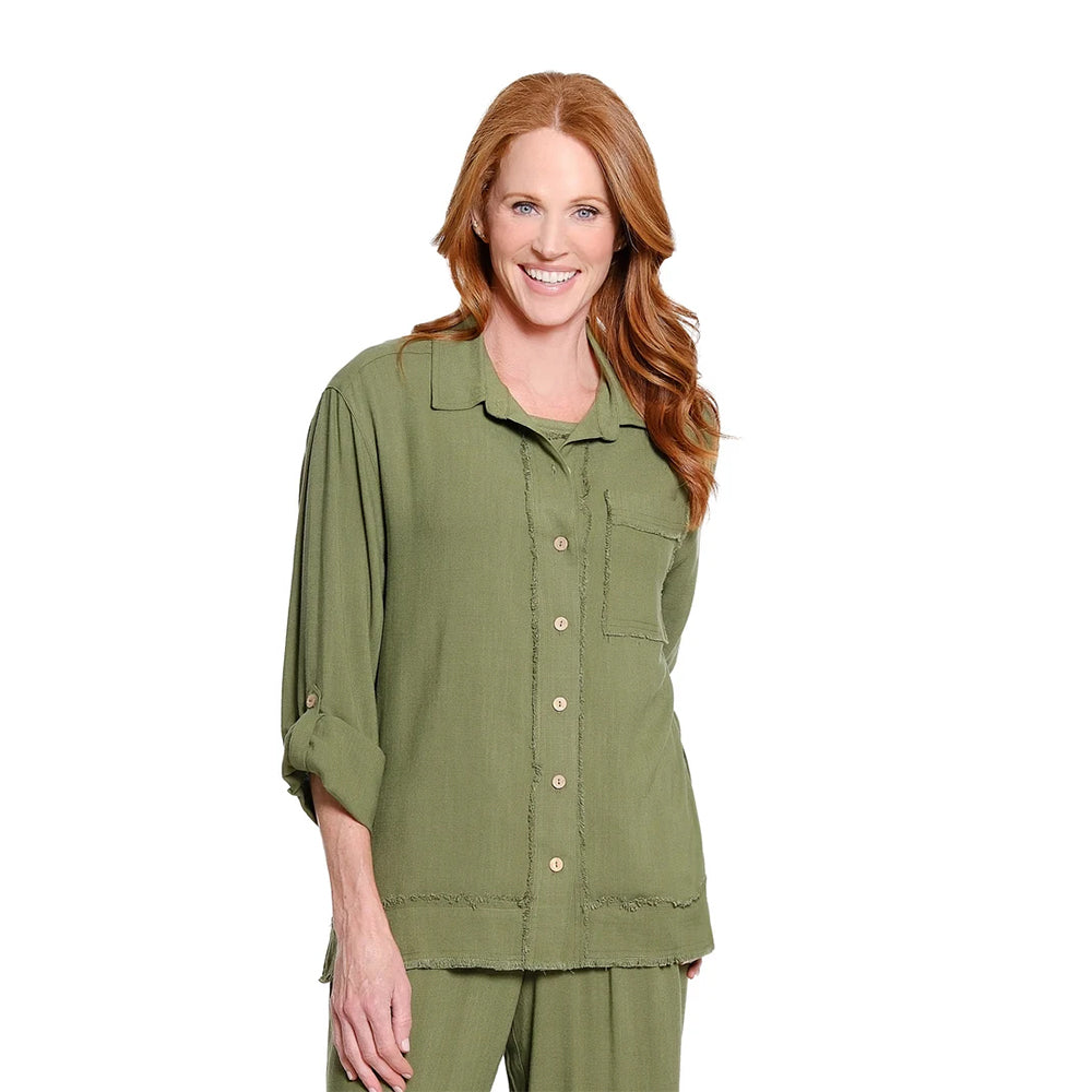 multiplesoliverolltabcuffedlongsleevefringetrimwovenshirt multiplesoliverolltabcuffedlongsleevefringetrimwovenshirt